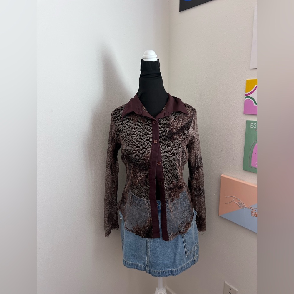 Brown Woven Floral Button-Up Top (S)